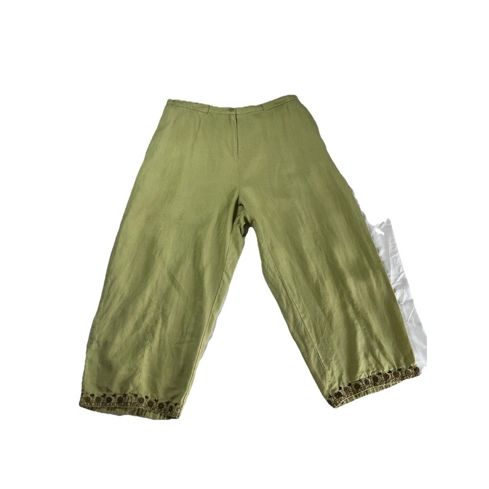 JM Collection Pants Size 16 100% Linen Green Beaded Embellished Leg Hem Pockets